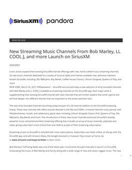 New Streaming Music Channels from Bob Marley, LL COOL J, and More Launch on Siriusxm