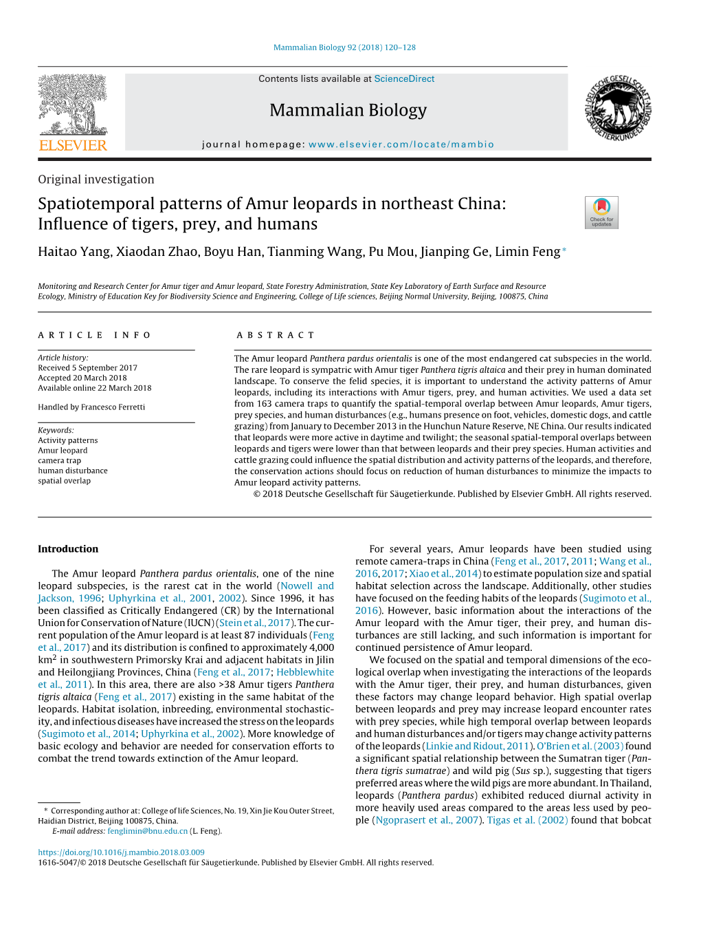 Spatiotemporal Patterns of Amur Leopards in Northeast China