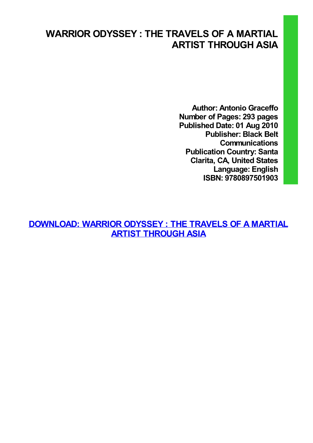 Warrior Odyssey : the Travels of a Martial Artist Through Asia
