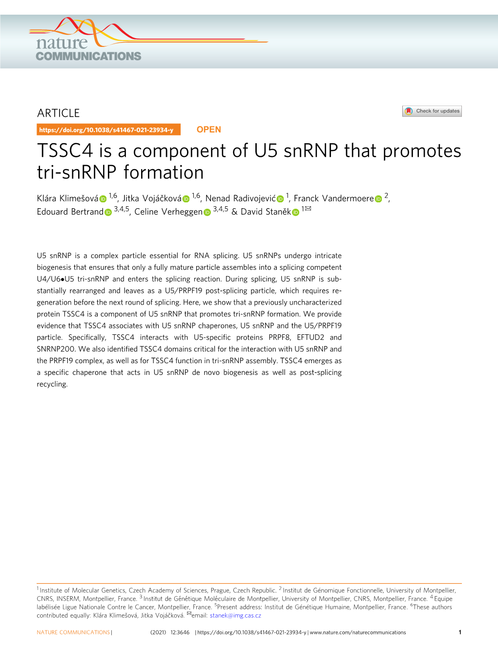 TSSC4 Is a Component of U5 Snrnp That Promotes Tri-Snrnp Formation