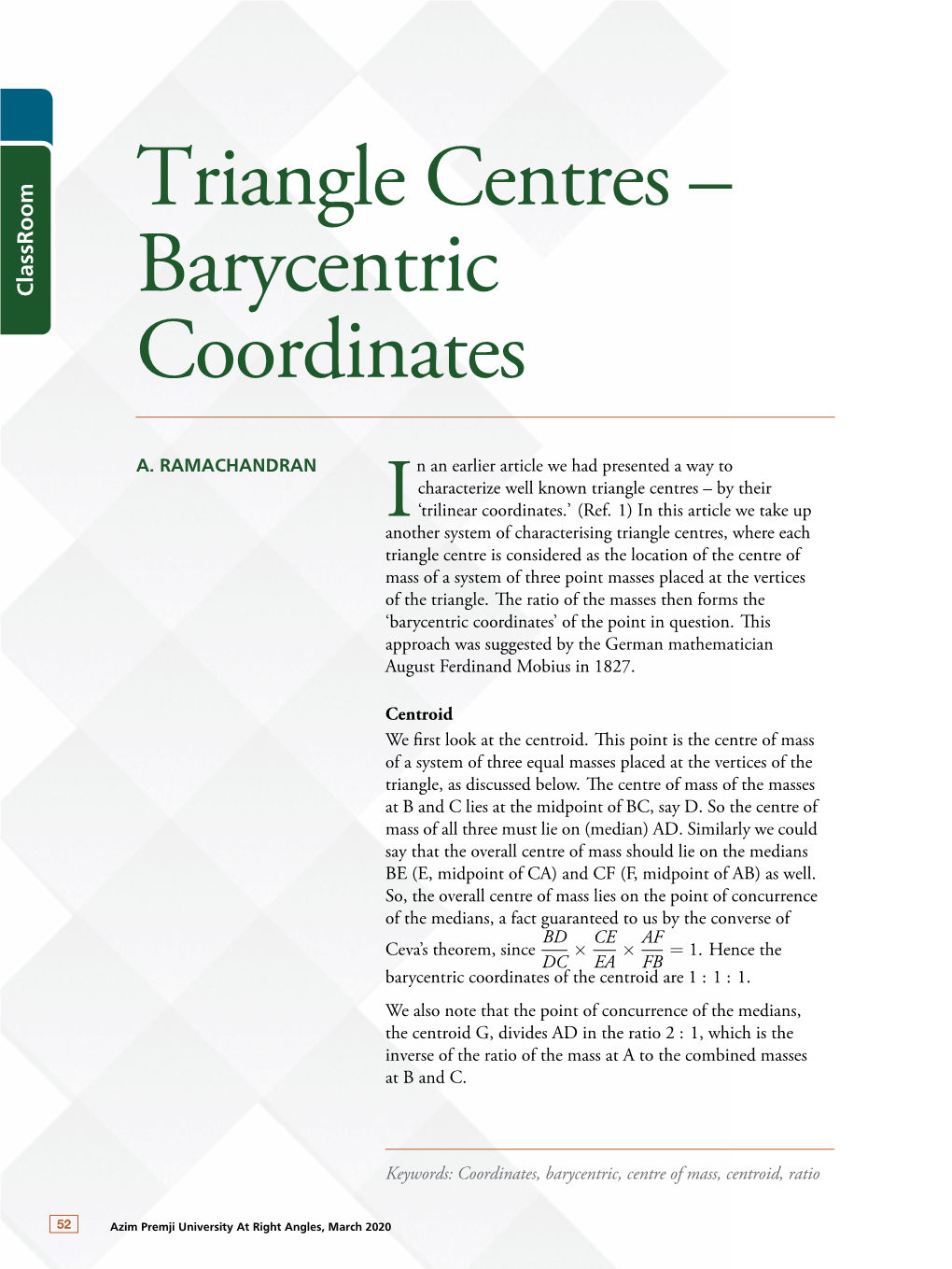 Triangle Centres – Barycentric Coordinates