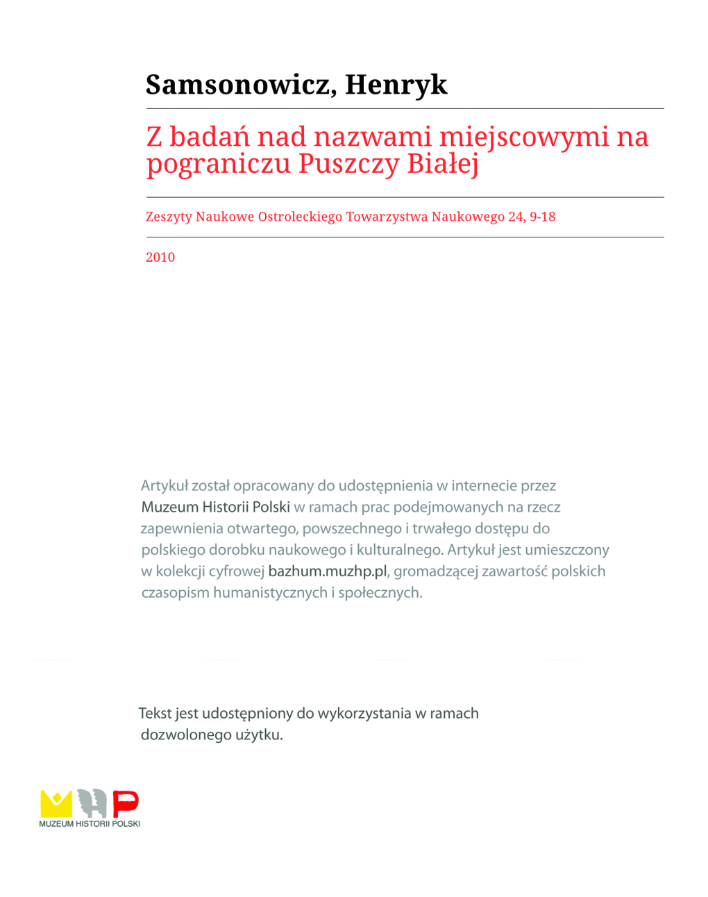 Z Badań Nad Nazwami Miejscowymi Na Pograniczu Puszczy Białej