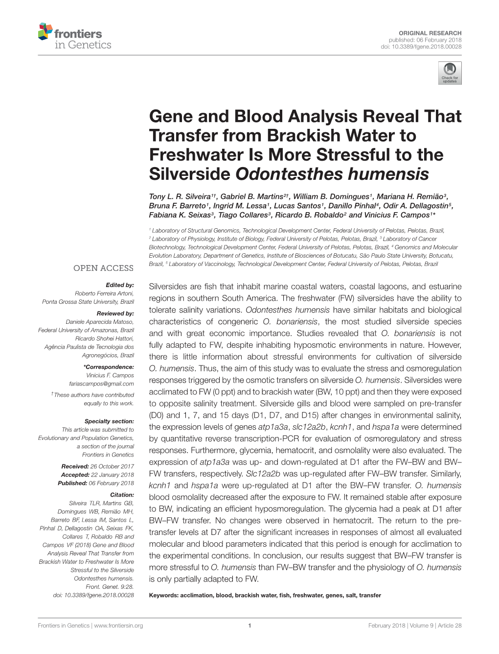 Gene and Blood Analysis Reveal That Transfer from Brackish Water to Freshwater Is More Stressful to the Silverside Odontesthes Humensis