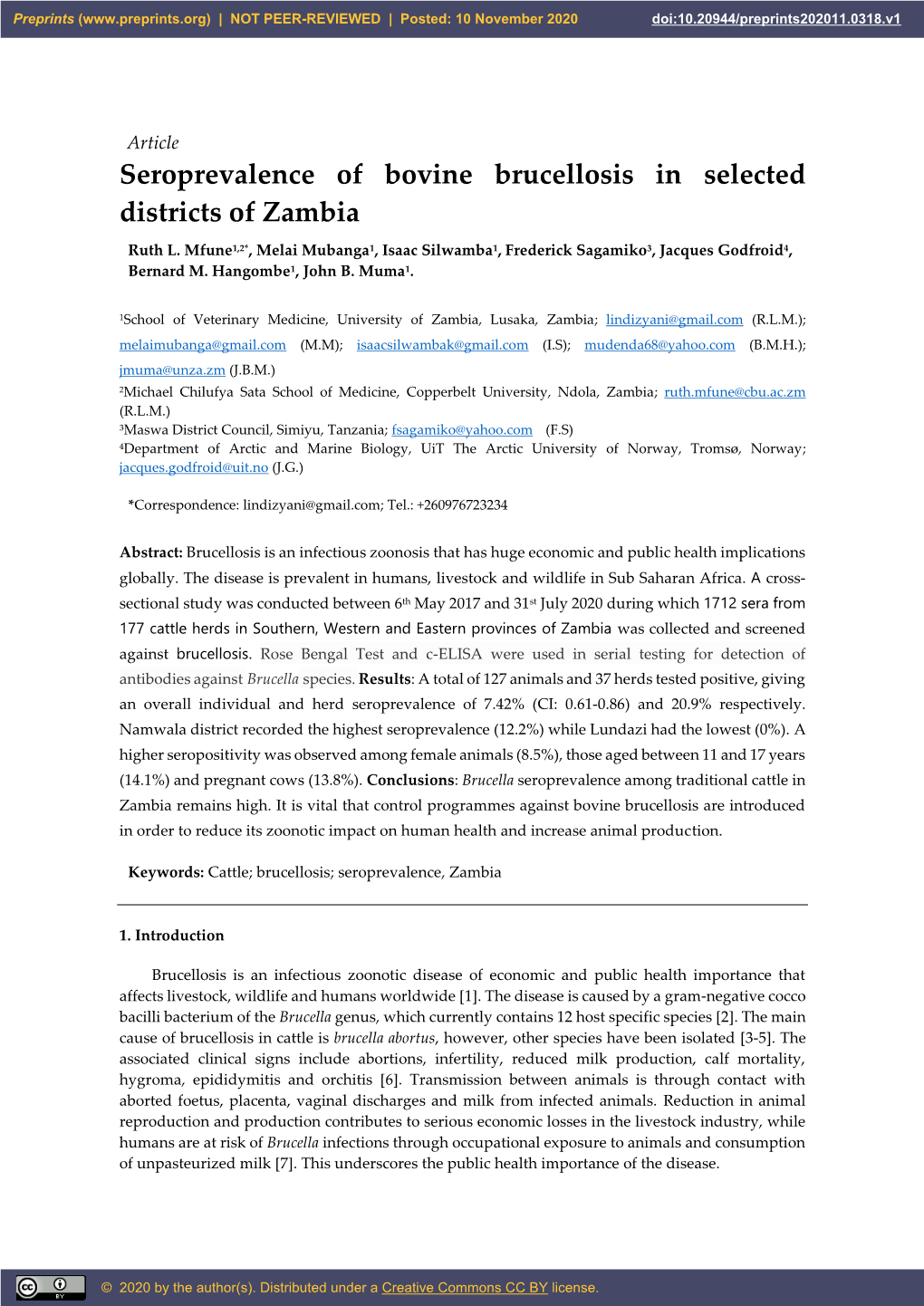 Seroprevalence of Bovine Brucellosis in Selected Districts of Zambia