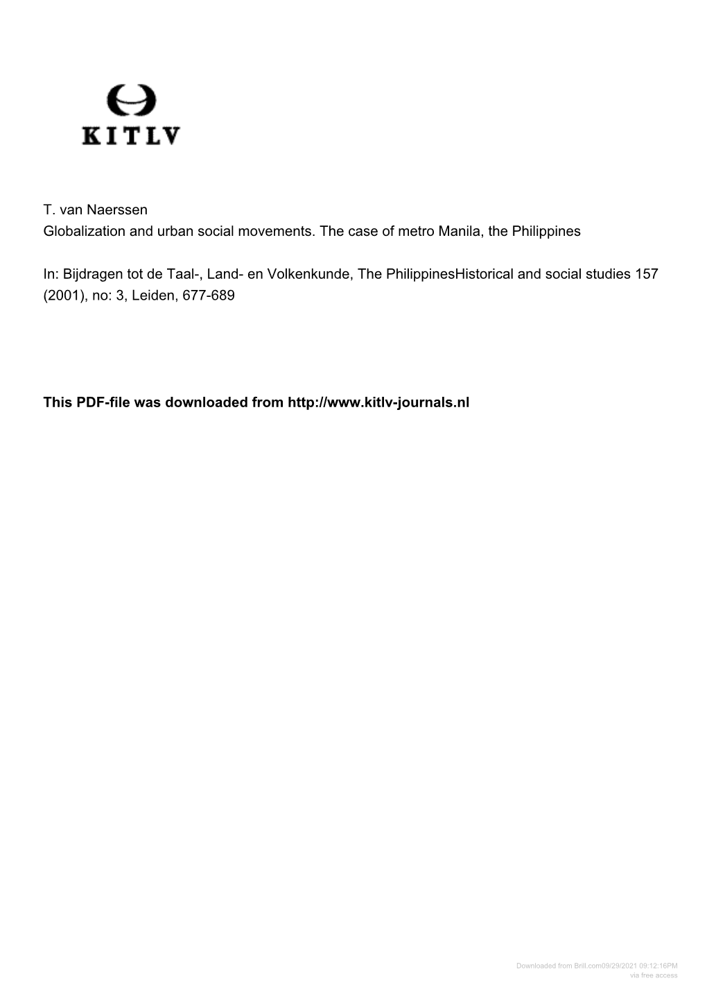 T. Van Naerssen Globalization and Urban Social Movements. the Case of Metro Manila, the Philippines