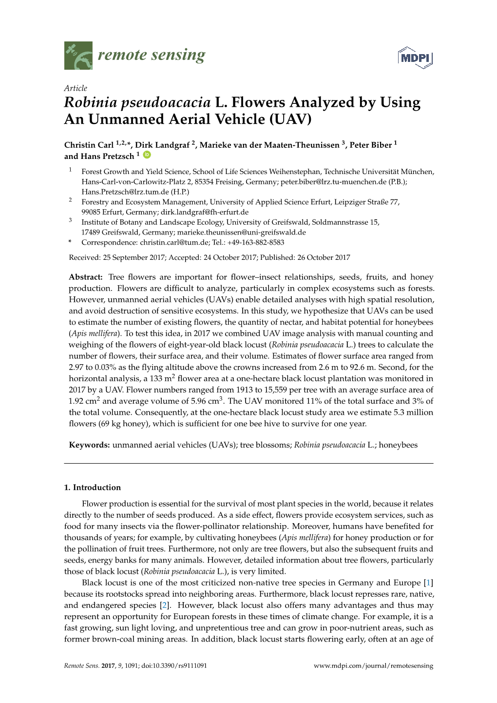 Robinia Pseudoacacia L. Flowers Analyzed by Using an Unmanned Aerial Vehicle (UAV)