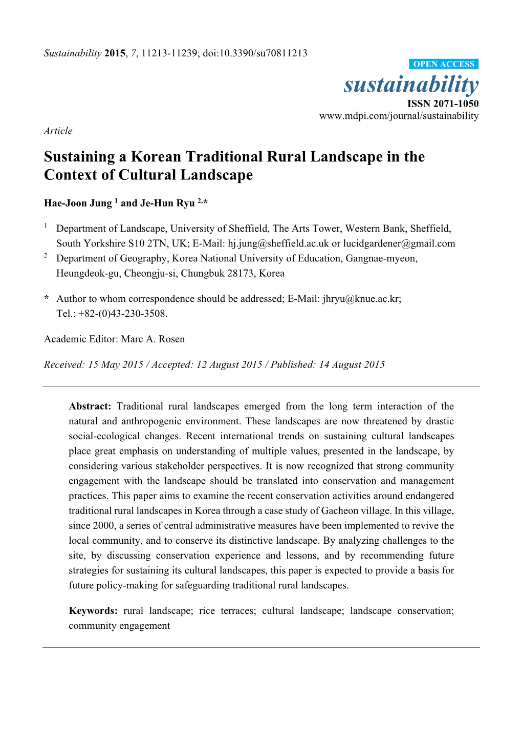 Sustaining a Korean Traditional Rural Landscape in the Context of Cultural Landscape