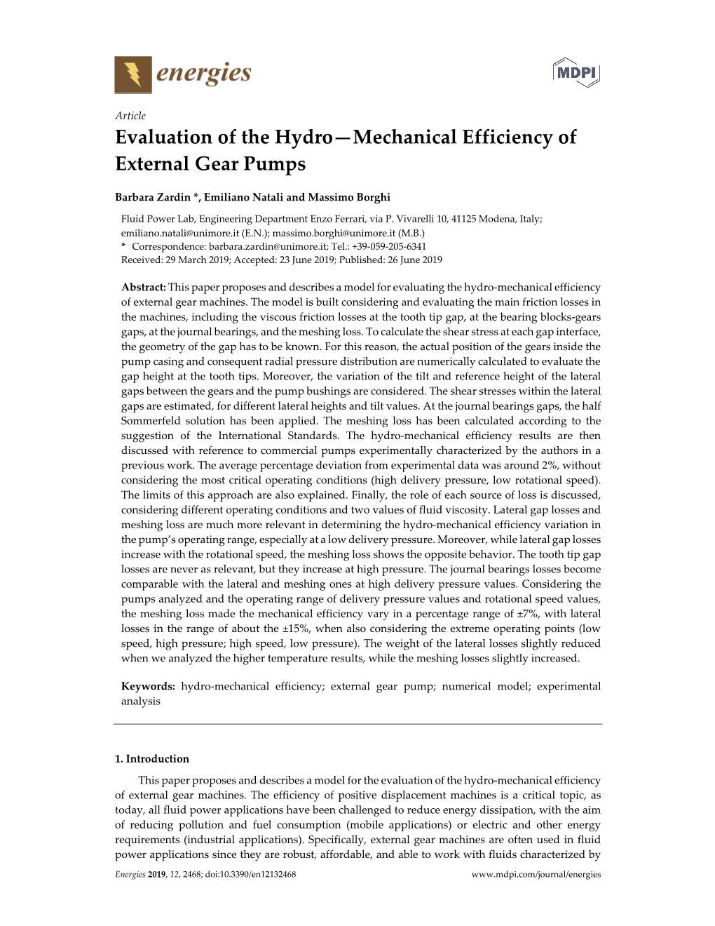 Evaluation of the Hydro—Mechanical Efficiency of External Gear Pumps