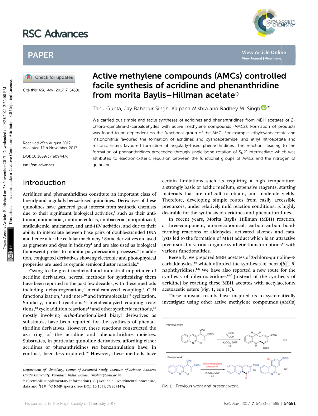 Active Methylene Compounds (Amcs) Controlled Facile Synthesis of Acridine and Phenanthridine Cite This: RSC Adv.,2017,7, 54581 from Morita Baylis–Hillman Acetate†