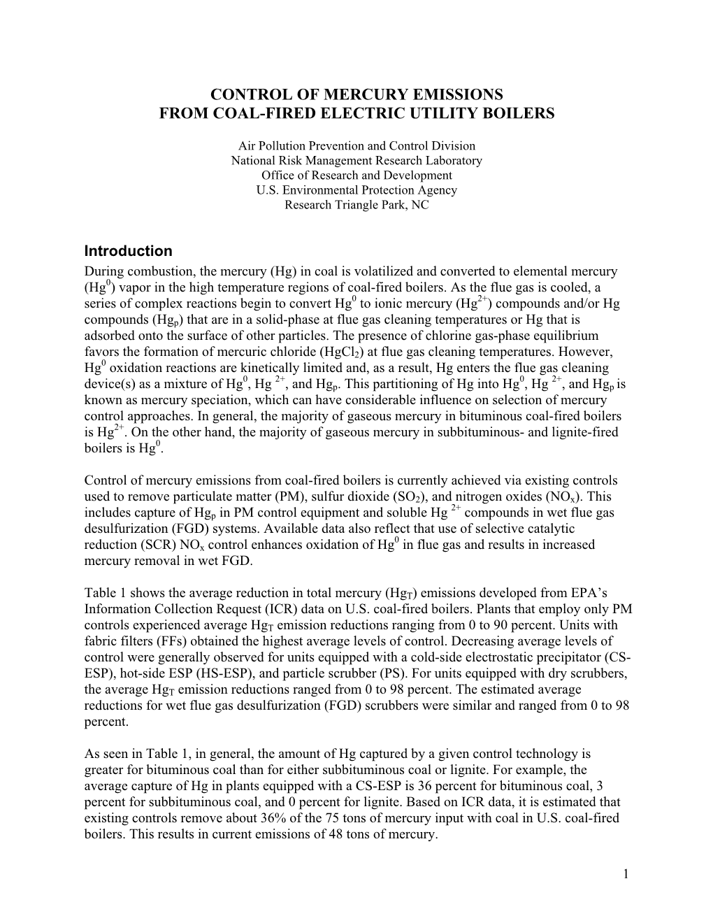 Control of Mercury Emissions from Coal-Fired Electric Utility Boilers