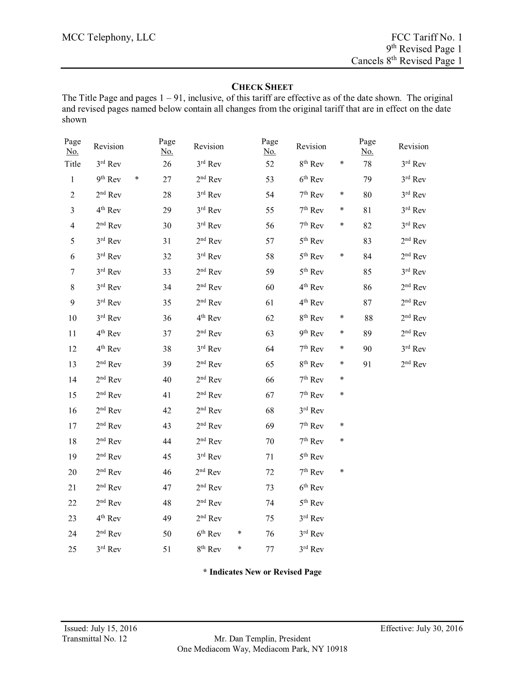 MCC Telephony, LLC FCC Tariff No. 1 9Th Revised Page 1 Cancels 8Th Revised Page 1