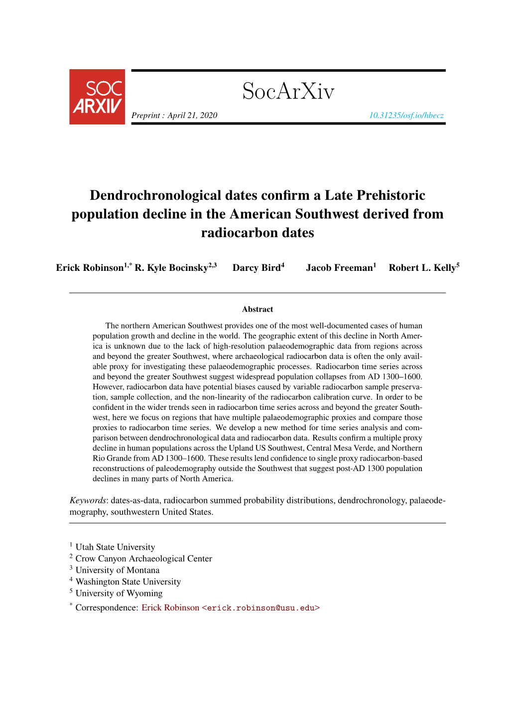 Dendrochronological Dates Confirm a Late Prehistoric Population Decline in the American Southwest Derived from Radiocarbon Dates