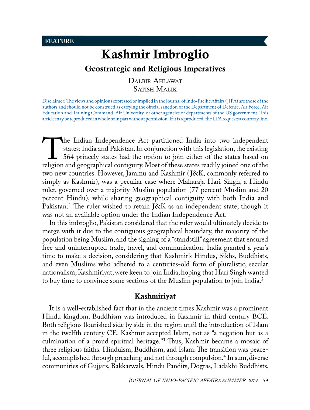 Kashmir Imbroglio Geostrategic and Religious Imperatives Dalbir Ahlawat Satish Malik