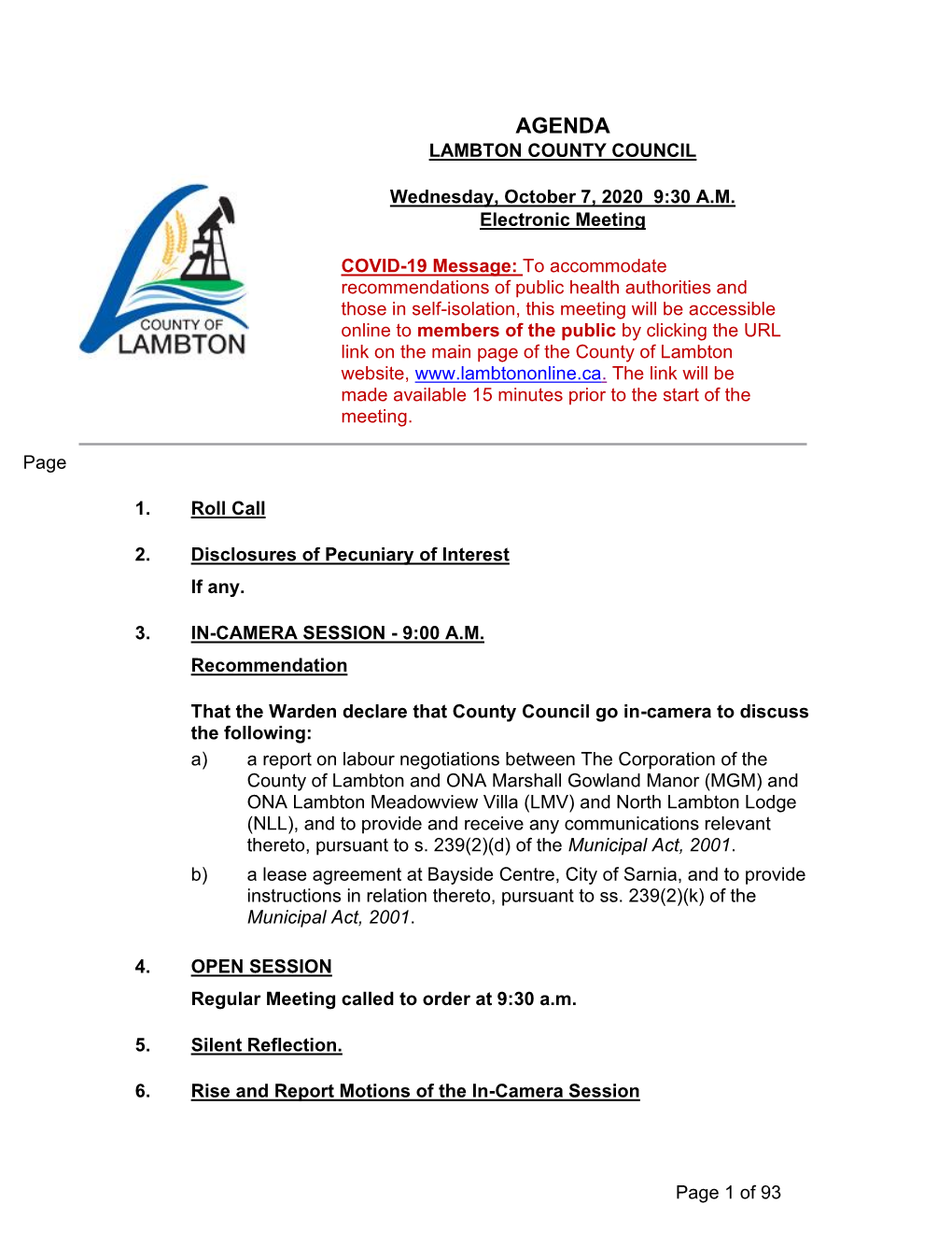 Lambton County Council (OPEN SESSION) - October 7, 2020