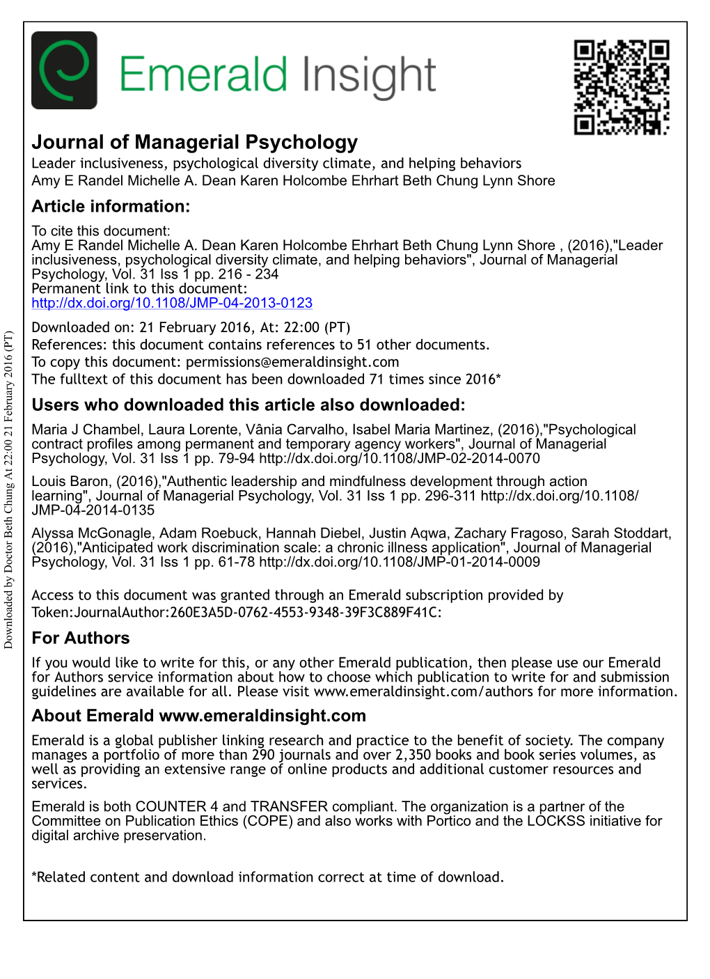 Leader Inclusiveness, Psychological Diversity Climate, and Helping Behaviors Amy E Randel Michelle A