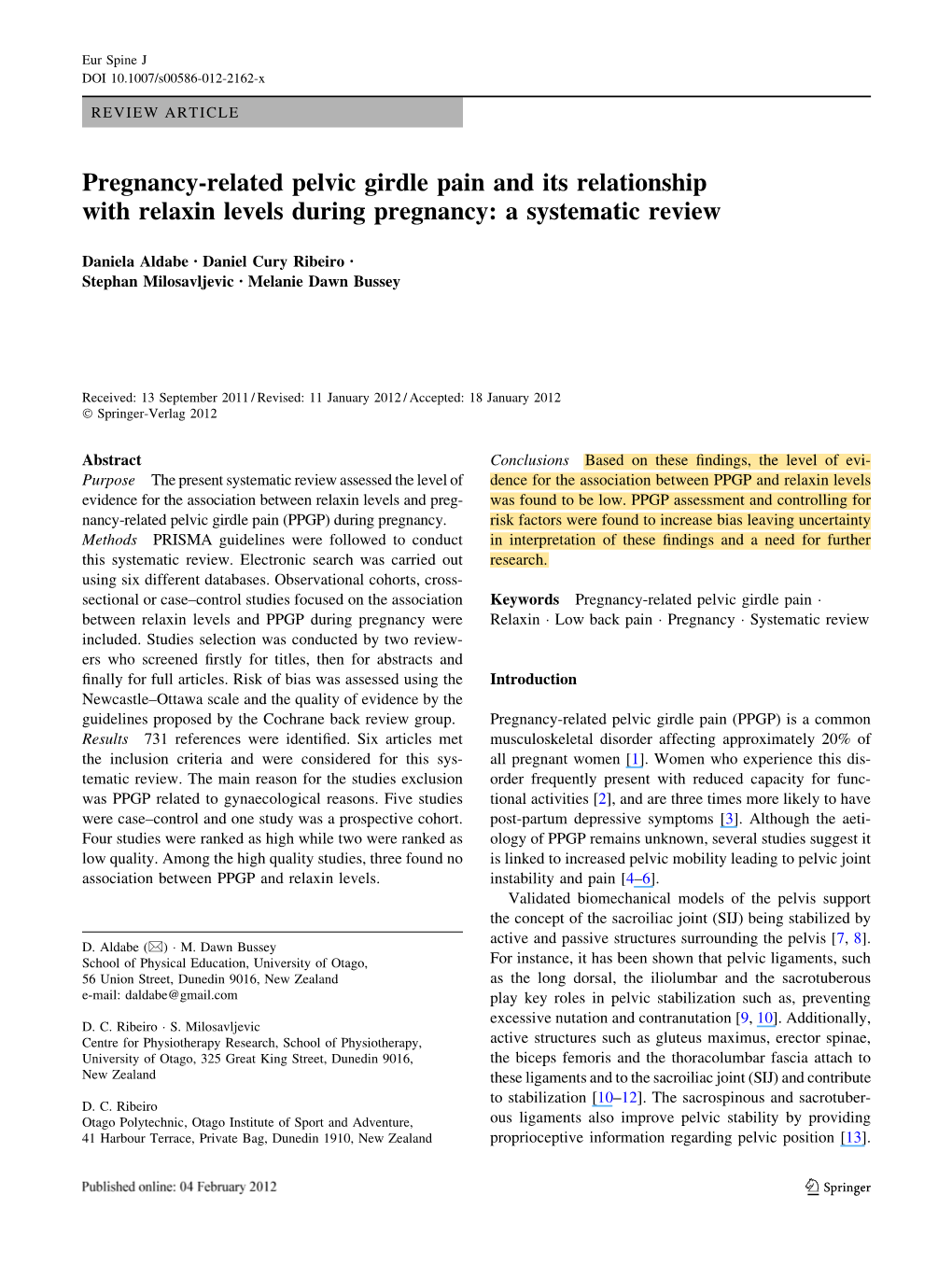 Pregnancy-Related Pelvic Girdle Pain and Its Relationship with Relaxin Levels During Pregnancy: a Systematic Review