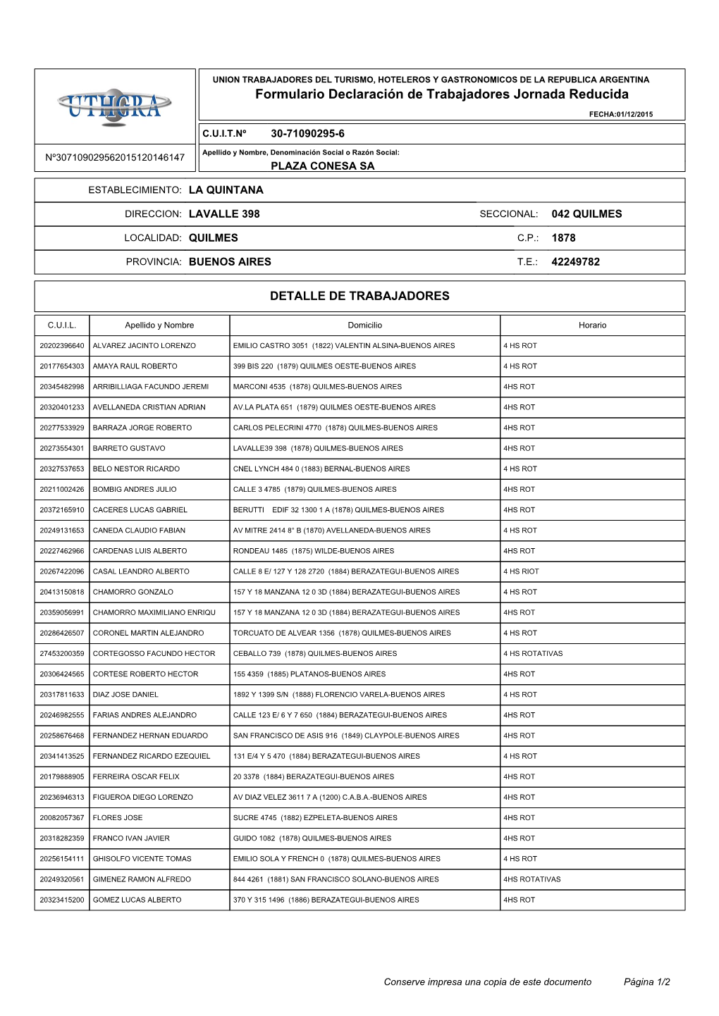 Formulario Declaración De Trabajadores Jornada Reducida