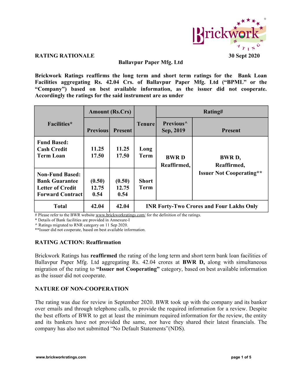 RATING RATIONALE 30 Sept 2020 Ballavpur Paper Mfg. Ltd Brickwork