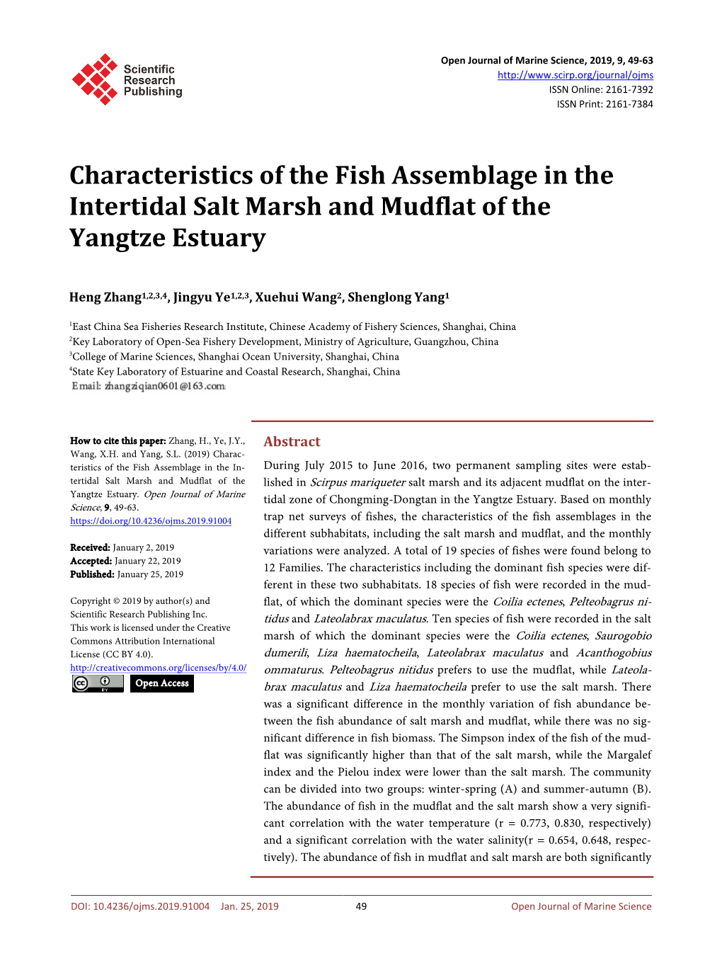 Characteristics of the Fish Assemblage in the Intertidal Salt Marsh and Mudflat of the Yangtze Estuary