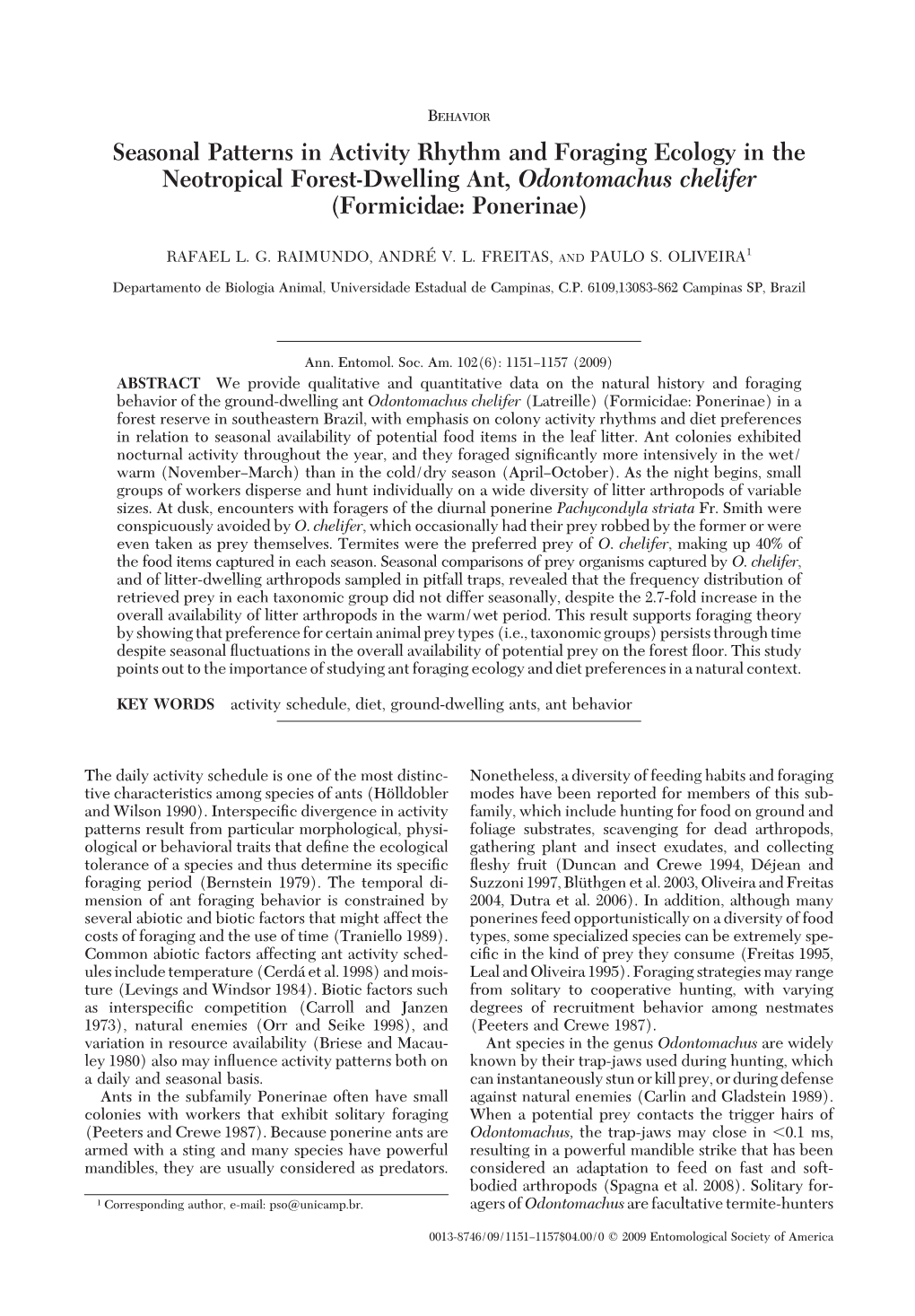 Seasonal Patterns in Activity Rhythm and Foraging Ecology in the Neotropical Forest-Dwelling Ant, Odontomachus Chelifer (Formicidae: Ponerinae)