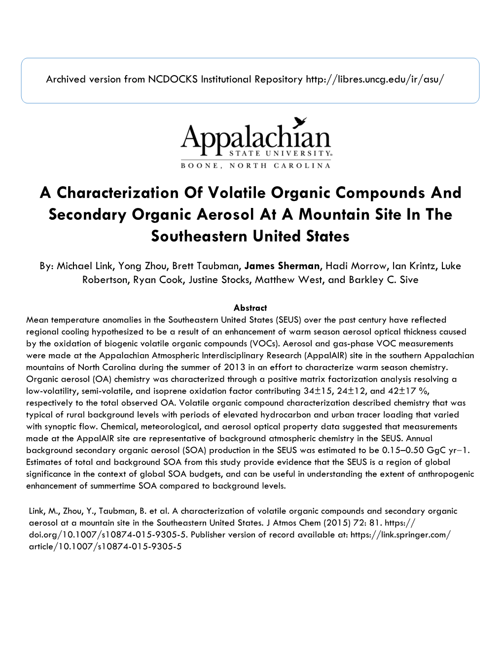 A Characterization of Volatile Organic Compounds and Secondary Organic Aerosol at a Mountain Site in the Southeastern United States