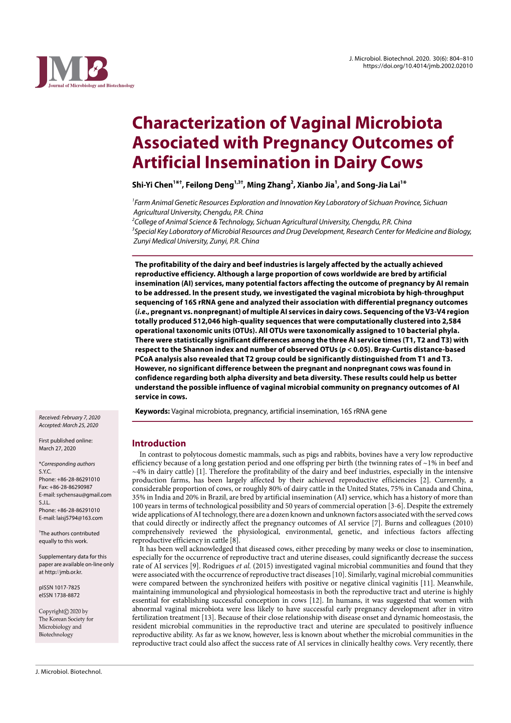 Characterization of Vaginal Microbiota Associated with Pregnancy Outcomes of Artificial Insemination in Dairy Cows