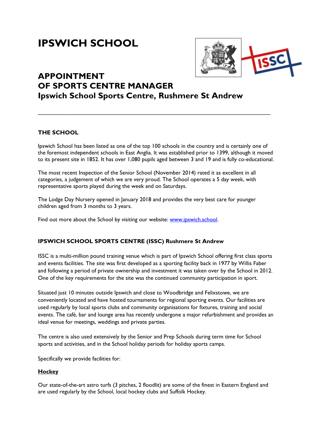 APPOINTMENT of SPORTS CENTRE MANAGER Ipswich School Sports Centre, Rushmere St Andrew