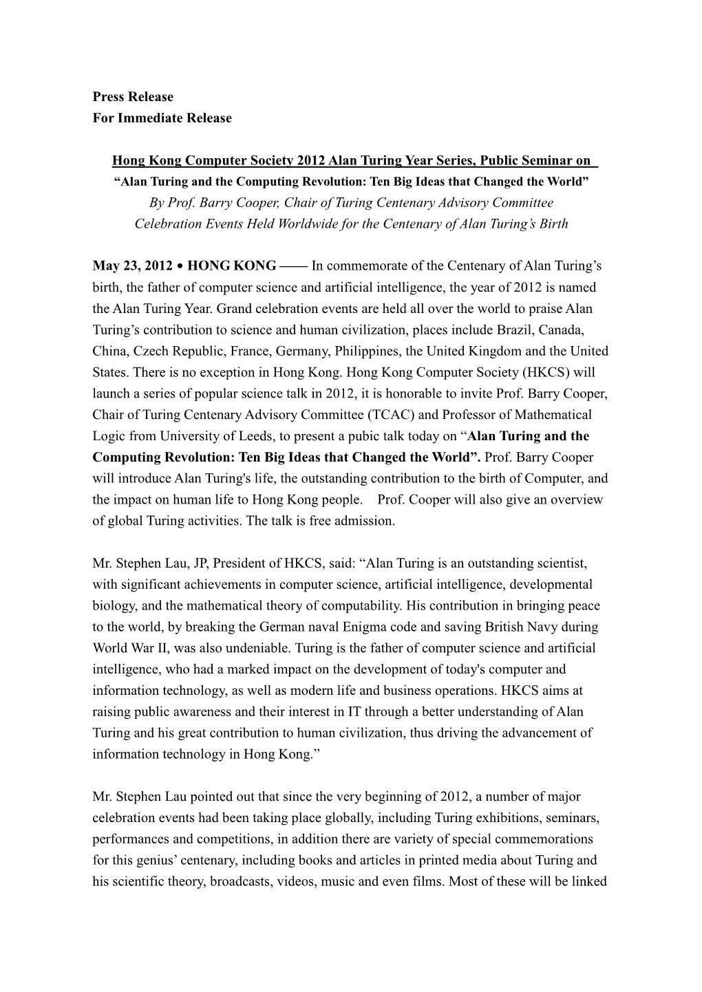 Press Release for Immediate Release Hong Kong Computer