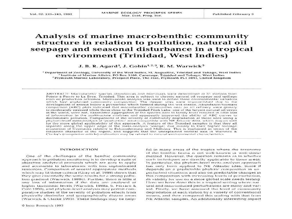 Analysis of Marine Macrobenthic Community Structure in Relation To