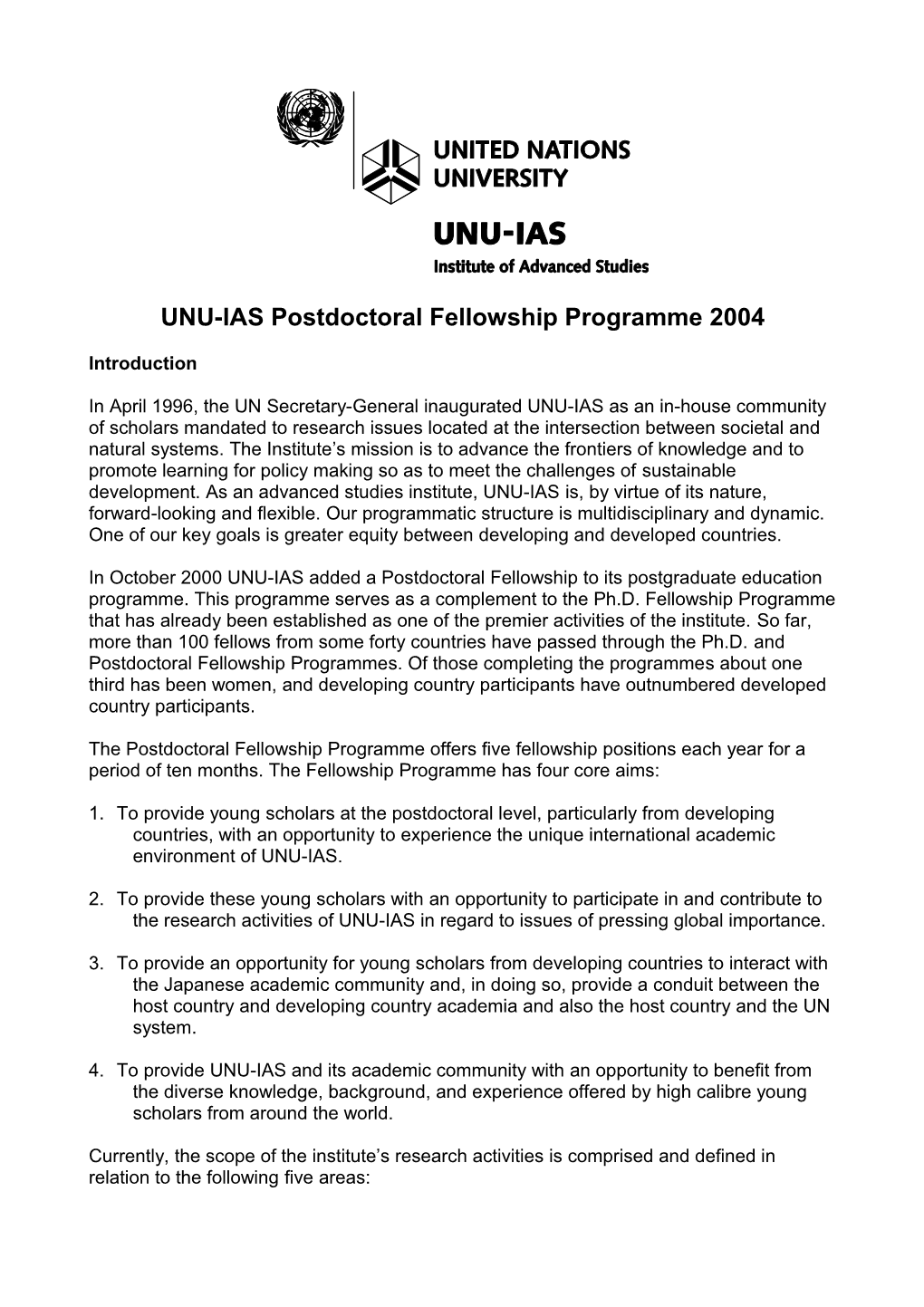 UNU/IAS Post-Doctoral Fellowship Programme