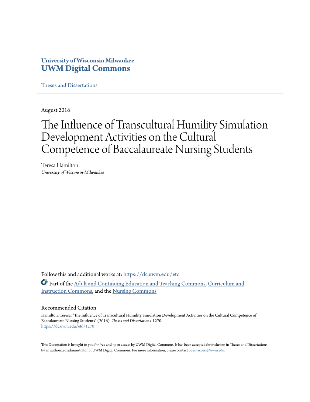 The Influence of Transcultural Humility Simulation Development Activities on the Cultural Competence of Baccalaureate Nursing Students