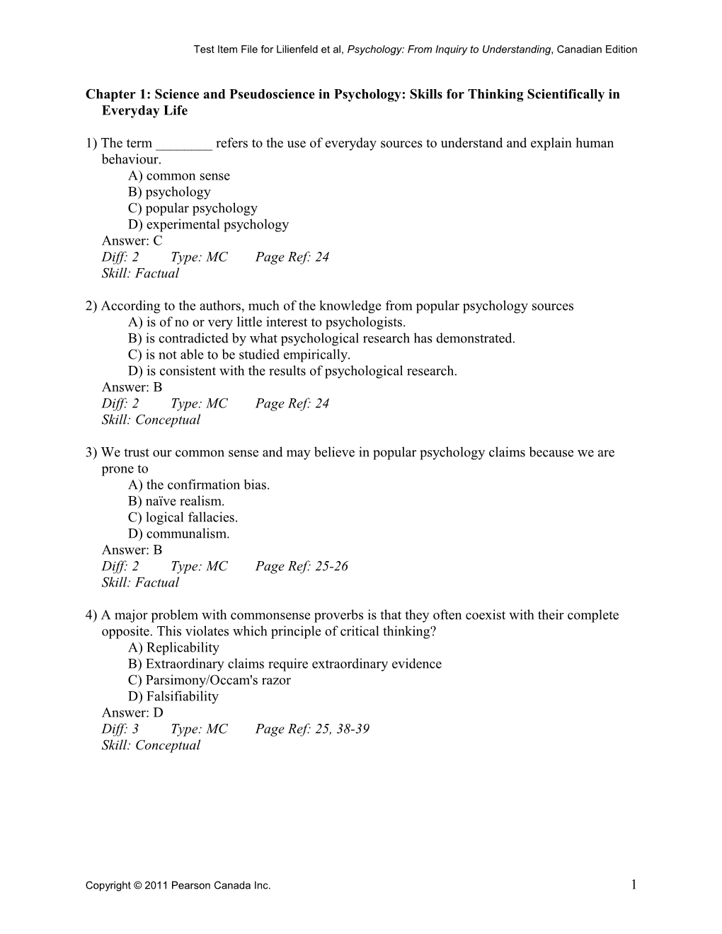 Test Item File for Lilienfeld Et Al, Psychology: from Inquiry to Understanding , Canadian