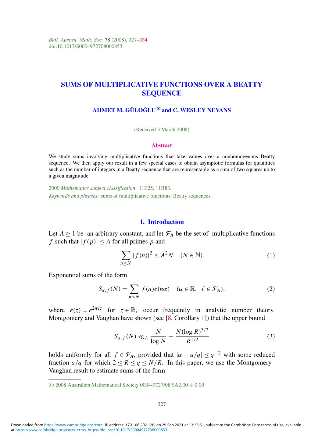 Sums of Multiplicative Functions Over a Beatty Sequence