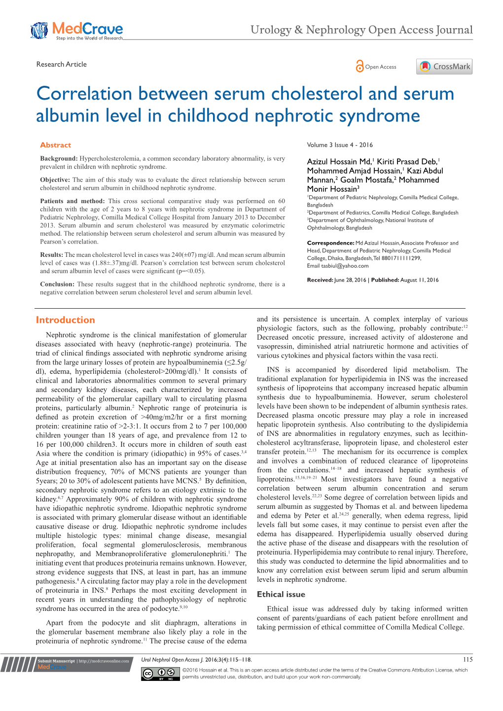 Correlation Between Serum Cholesterol and Serum Albumin Level in Childhood Nephrotic Syndrome