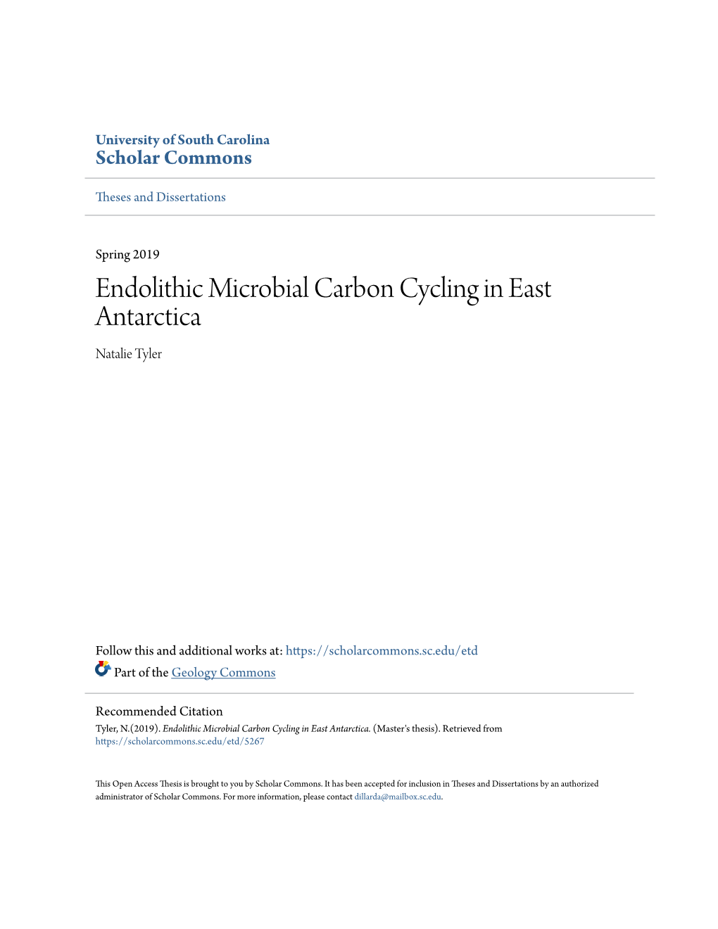 Endolithic Microbial Carbon Cycling in East Antarctica Natalie Tyler