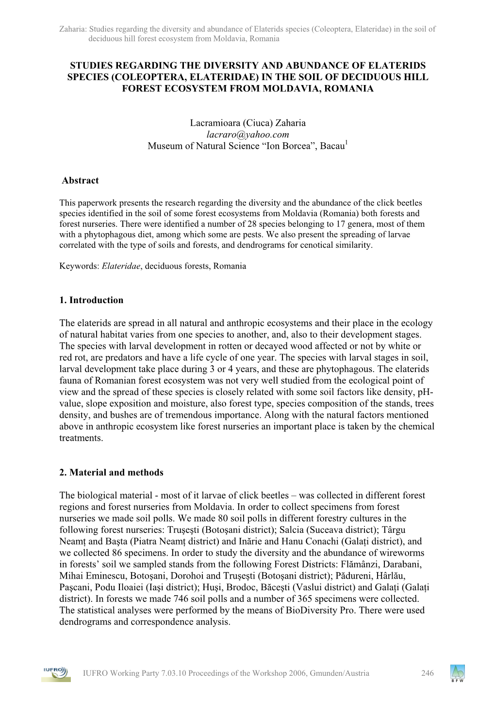 The Biodiversity of Elaterids Species (Coleoptera , Elateridae) in Deciduous Hill Forest Ecosystem from Moldavia, Romania