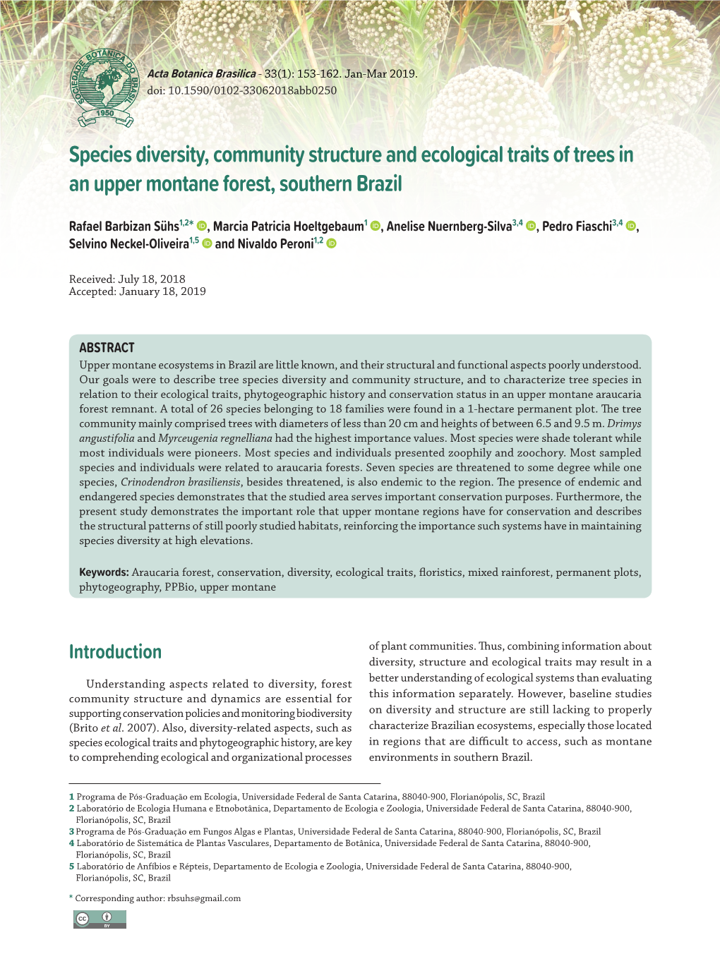 Species Diversity, Community Structure and Ecological Traits of Trees in an Upper Montane Forest, Southern Brazil