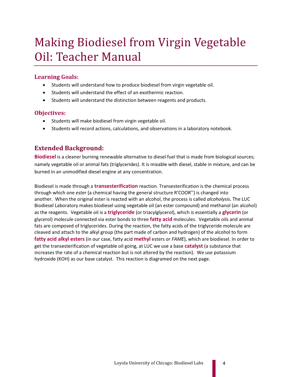 Making Biodiesel from Virgin Vegetable Oil: Teacher Manual