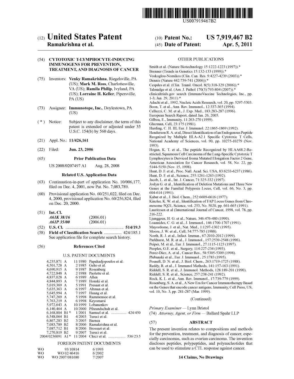 (12) United States Patent (10) Patent No.: US 7,919,467 B2 Ramakrishna Et Al