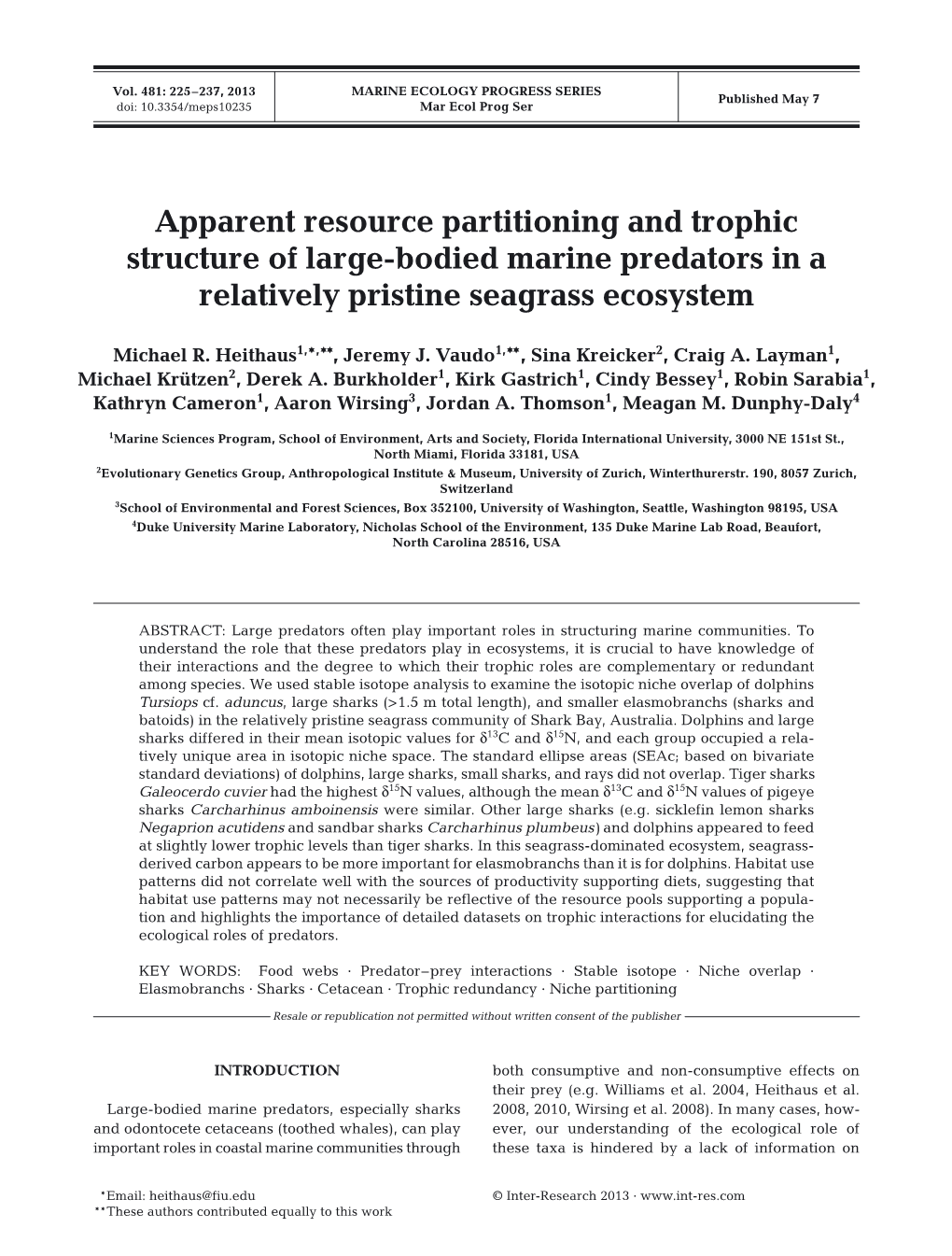 Apparent Resource Partitioning and Trophic Structure of Large-Bodied Marine Predators in a Relatively Pristine Seagrass Ecosystem