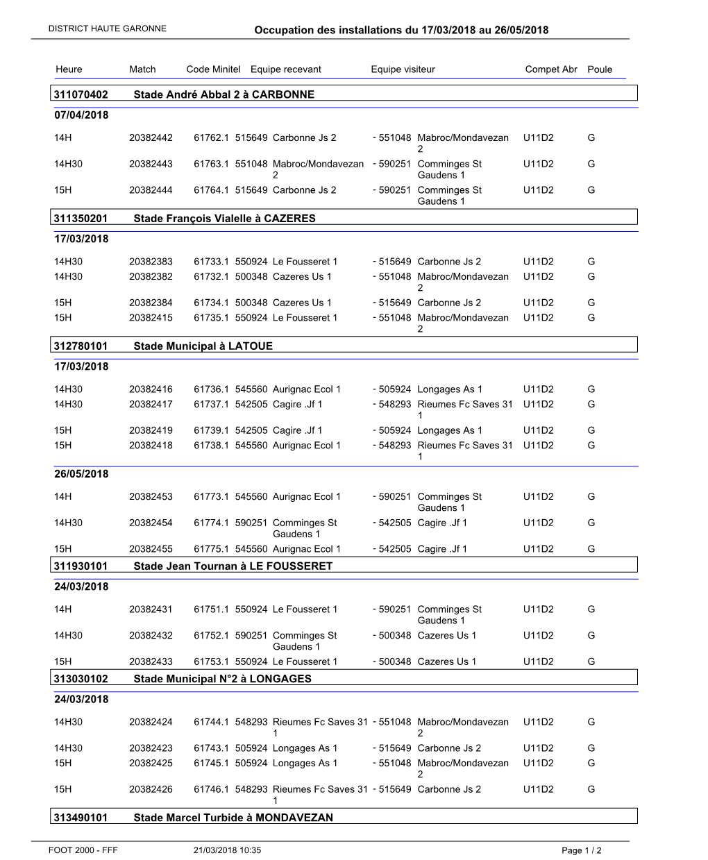 Occupation Des Installations Du 17/03/2018 Au 26/05/2018 07/04