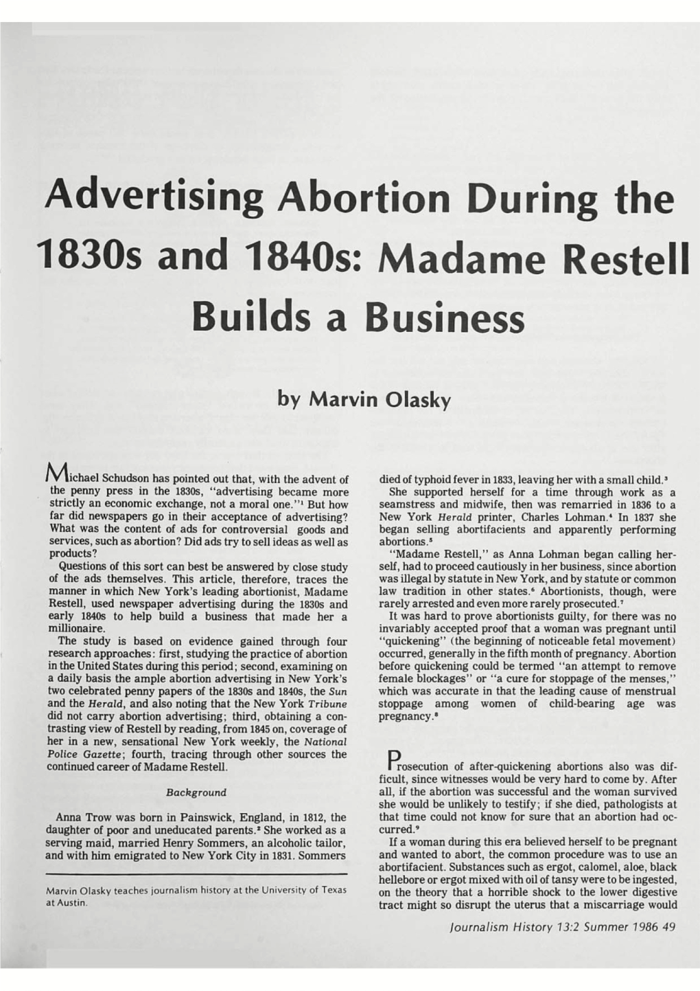 Advertising Abortion During the 1830S and 1840S: Madame Restell Builds