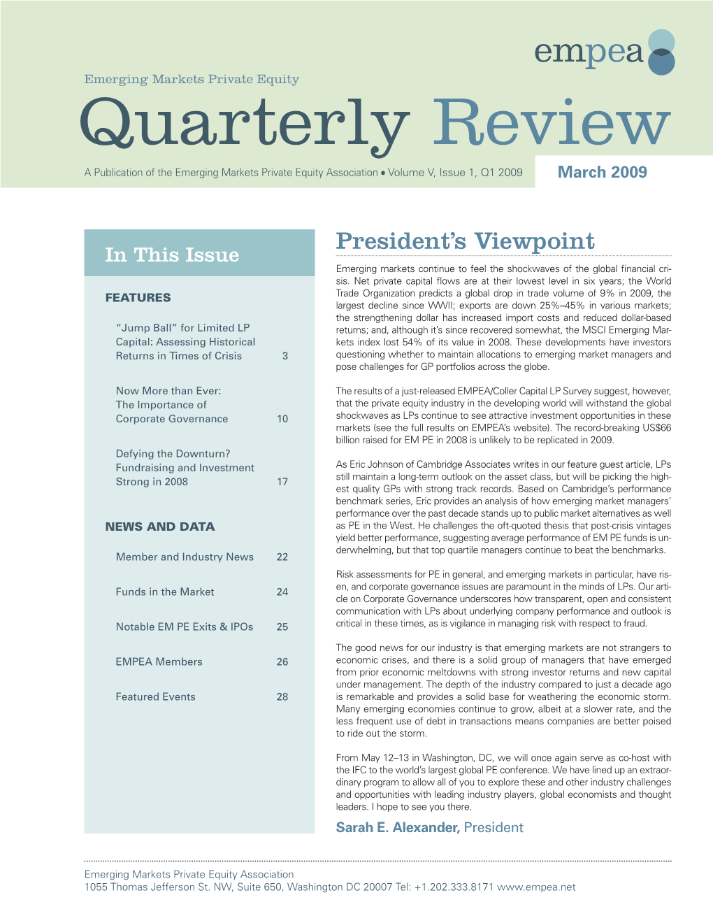 Quarterly Review a Publication of the Emerging Markets Private Equity Association ● Volume V, Issue 1, Q1 2009 March 2009