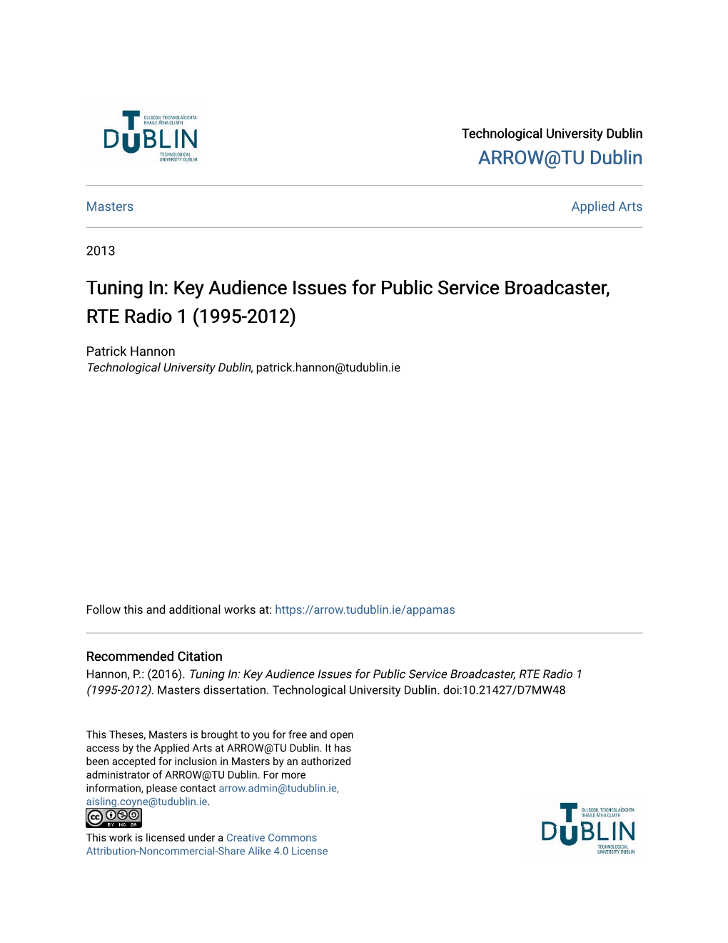 Key Audience Issues for Public Service Broadcaster, RTE Radio 1 (1995-2012)