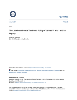 The Jacobean Peace the Irenic Policy of James VI and I and Its Legacy