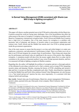Is Earned Value Management (EVM) Consistent with Sharia Law Will It Help in Fighting Corruption?1, 2