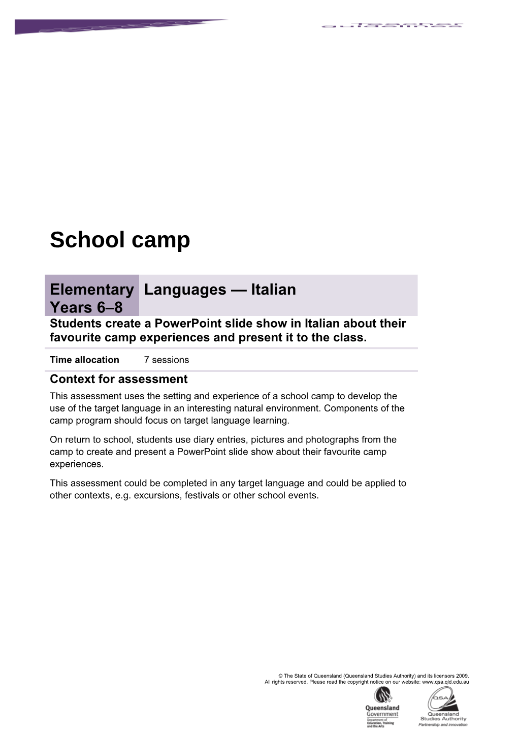 Year 6-8 Languages Assessment Teacher Guidelines School Camp - Italian Queensland Essential