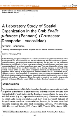 A Laboratory Study of Spatial Organization in the Crab Ebalia Tuberosa (Pennant) (Crustacea: Decapoda: Leucosiidae)