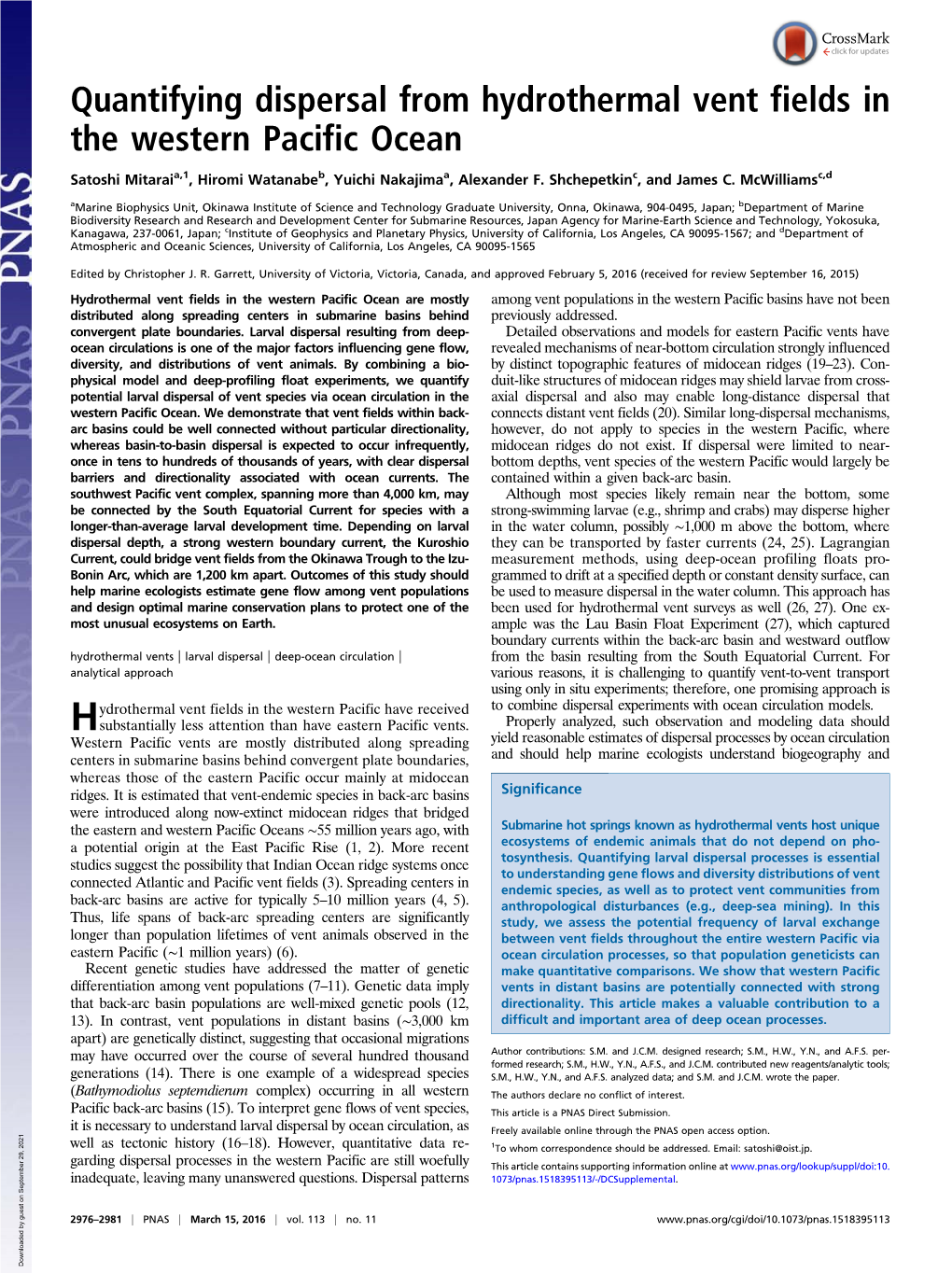 Quantifying Dispersal from Hydrothermal Vent Fields in the Western Pacific Ocean