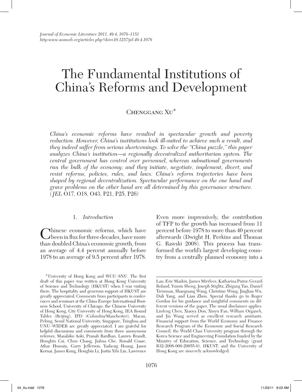 The Fundamental Institutions of China's Reforms And